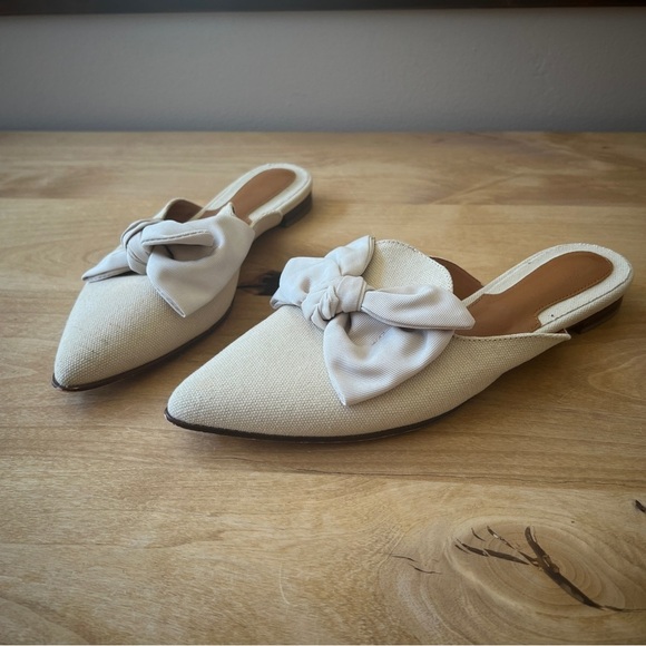 Rilista Shoes - SOLD RILISTA MULES SLIP ON POINTED TOE LARGE BOW LIGHT KHAKI FABRIC UPPER 9